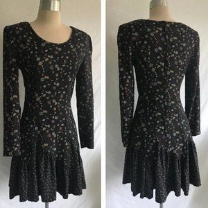 1980s Floral Mini Dress with Long Sleeves and Unique Ruffled Hemline - Boho